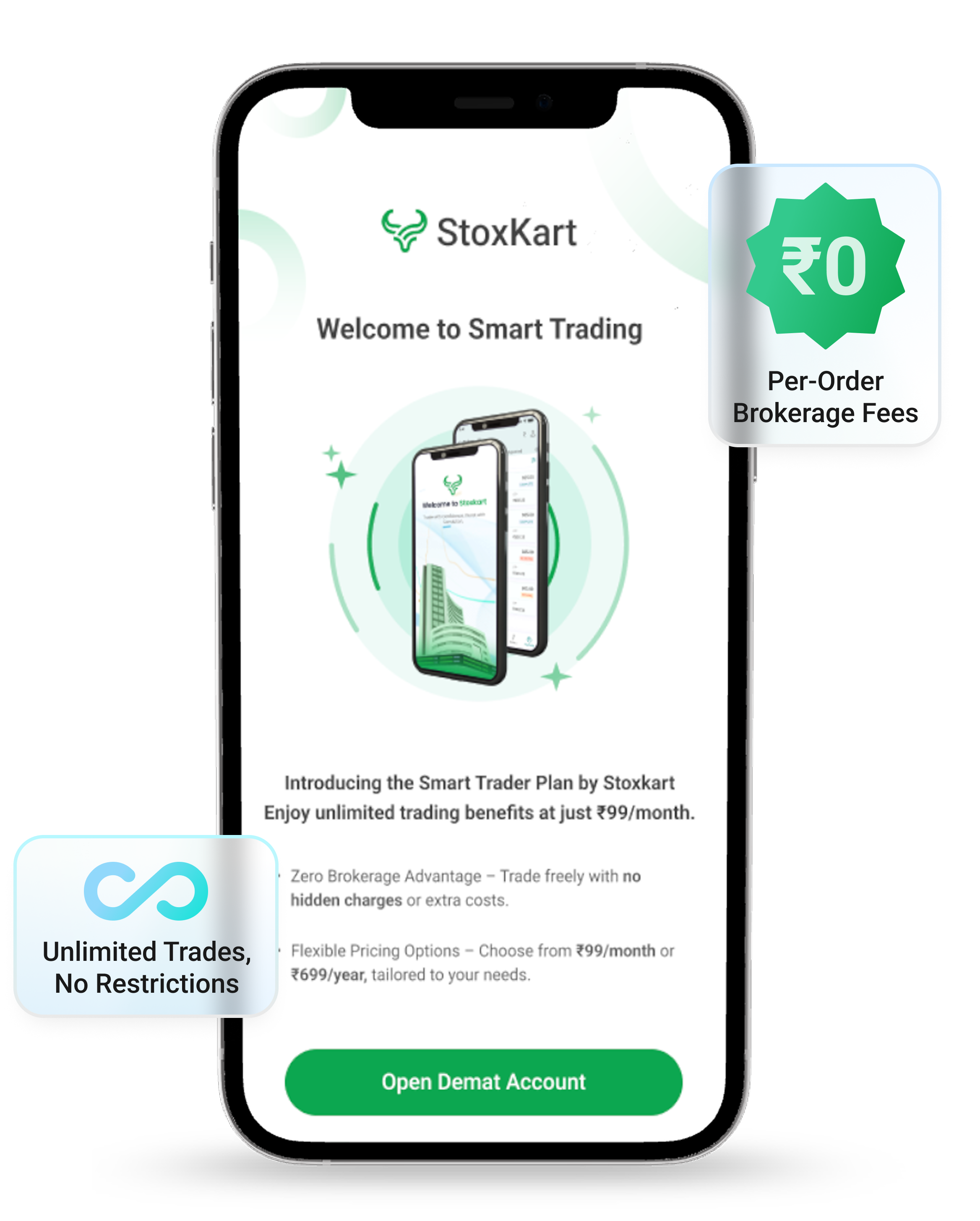 Smart Trader app showing unlimited trades with no restrictions